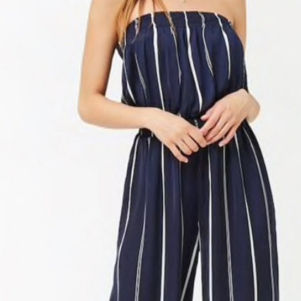 FOREVER 21 Satin blue-and-white striped jumpsuit || sz Sm GUC - Picture 1 of 13